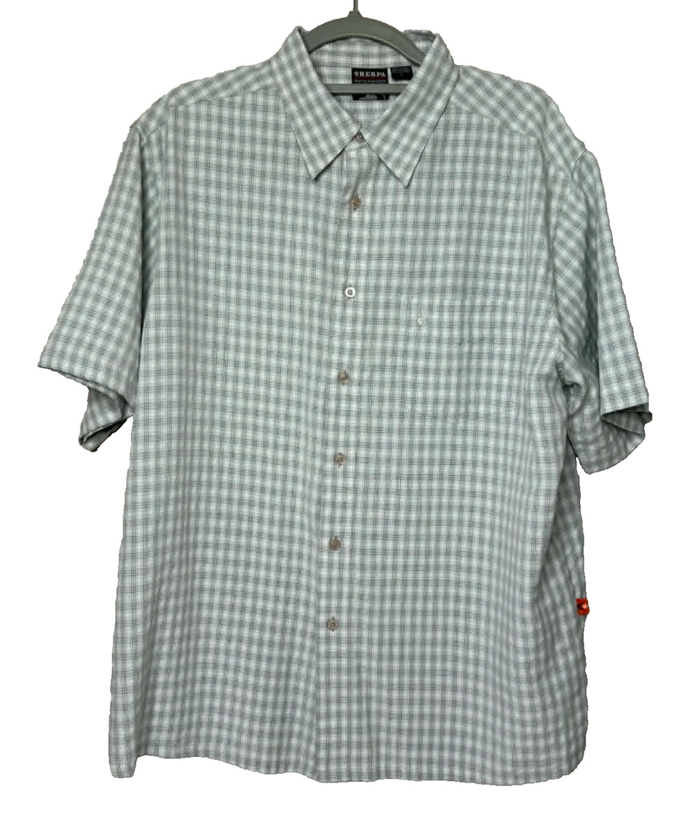 Sherpa Adventure Gear Mens L Gray Plaid Button Up Shirt Short Sleeve Hiking